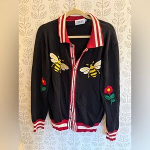 OXknit Black Bee Patterned Artistic Retro Design Jacquard Knitted Cardigan